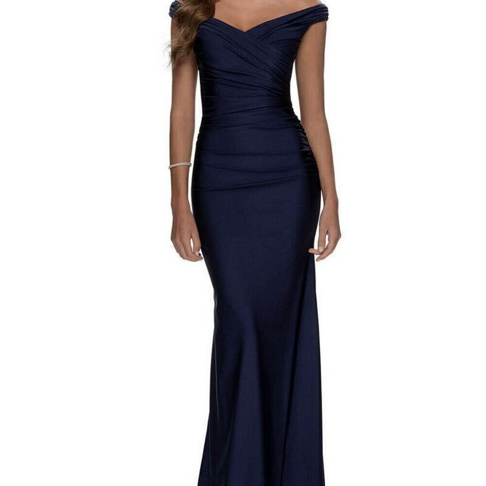 La Femme Navy Blue Ruched Off the Shoulder Trumpet Gown